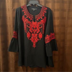 NEW Calessa Black Red Embroidered Women's Bohemian Top and Blouse XL